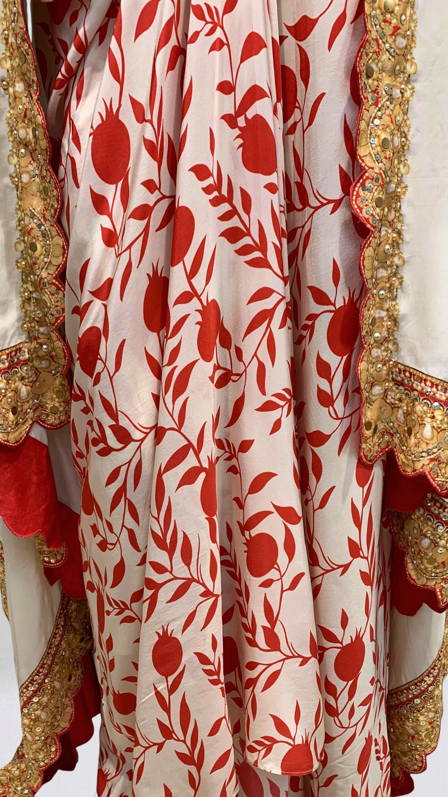 Beige & Red Digital Printed Crepe Top & Skirt with Cape Embellished with Moti, Sequins & Sippi